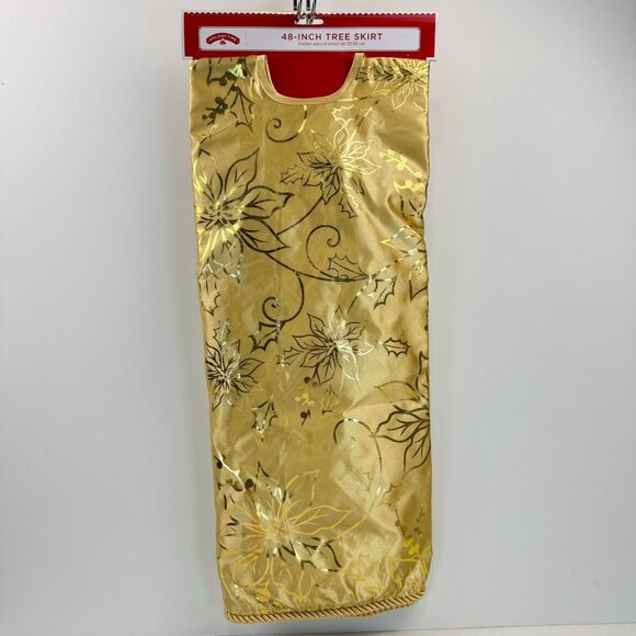 Holiday Time Other - Holiday Time Gold 48-Inch Round Christmas Tree Skirt Poinsettia Holly Leaves NEW